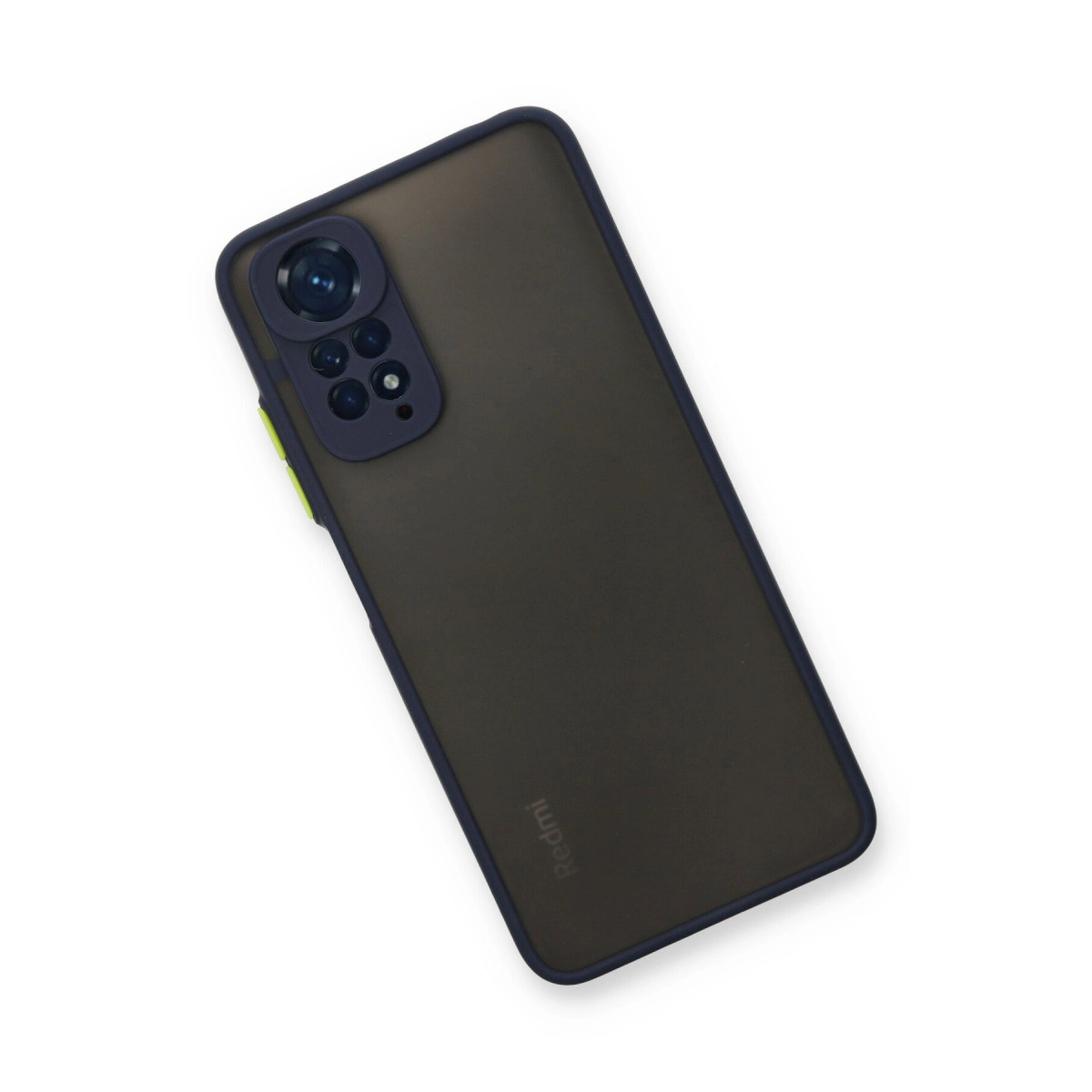 Koyu gri telefon, koyu kamera modülü ve mavi kenarlı, beyaz arka plan üzerinde.