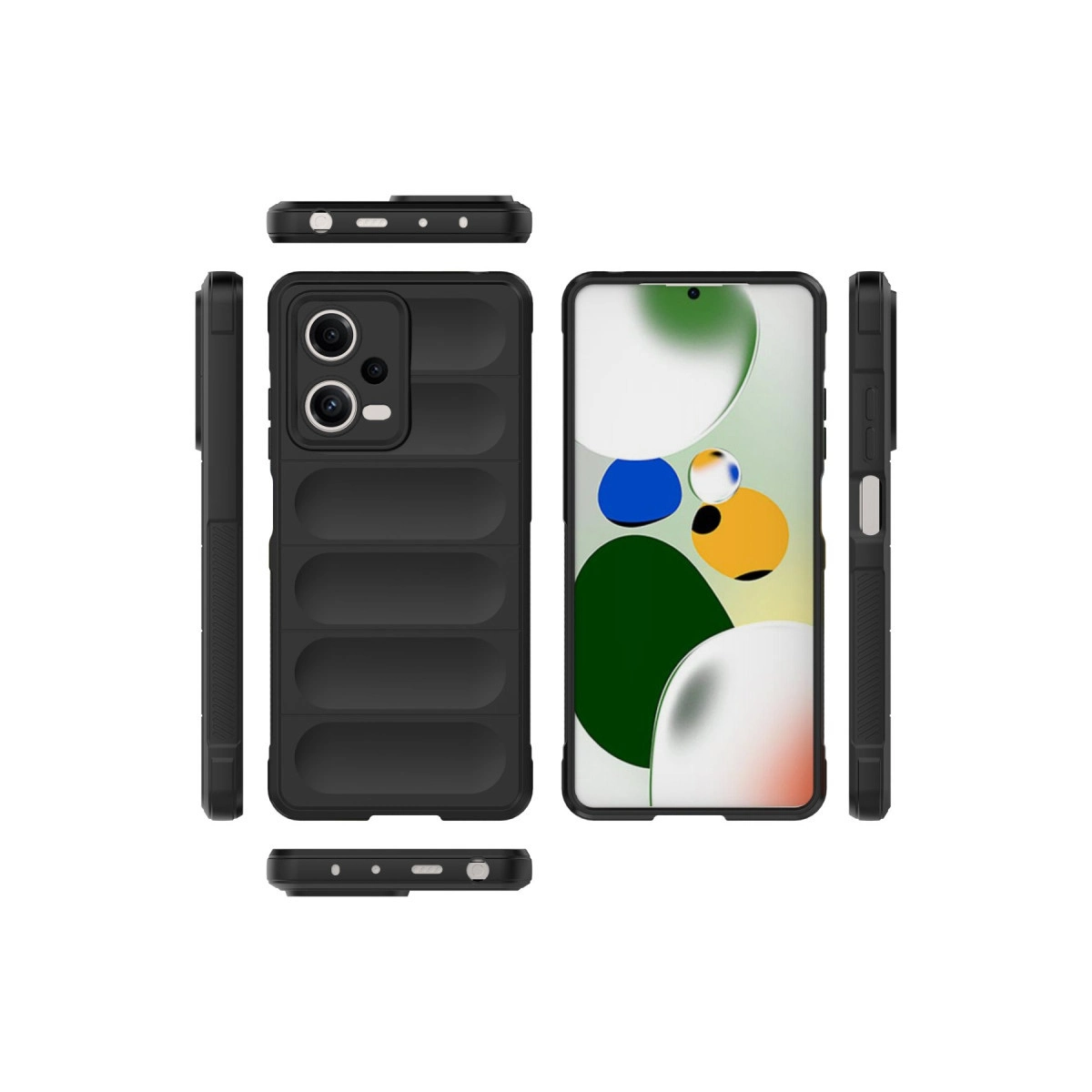 Kameralı siyah nervürlü telefon kılıfı, farklı açılardan gösterilmiştir.