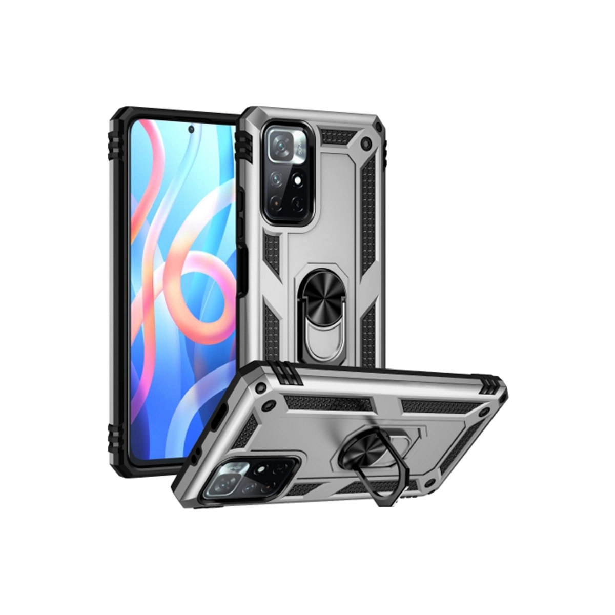 Gümüş telefon kılıfı halka tutucu ve kamera kesimi, beyaz arka plan üzerinde.