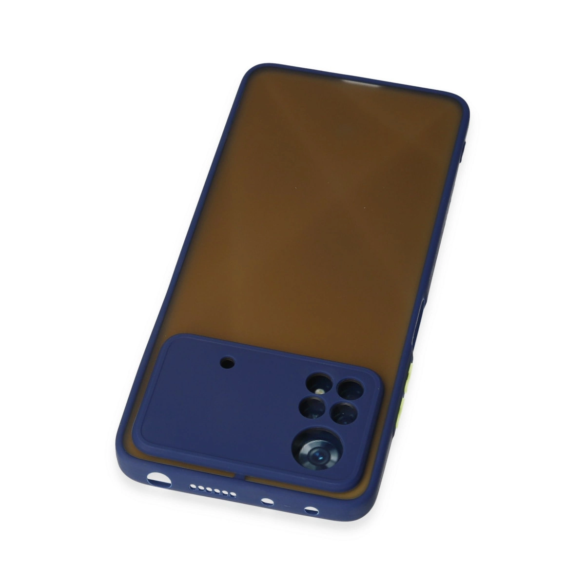 Mavi telefon kılıfı, kahverengi arka ve kamera modülü.