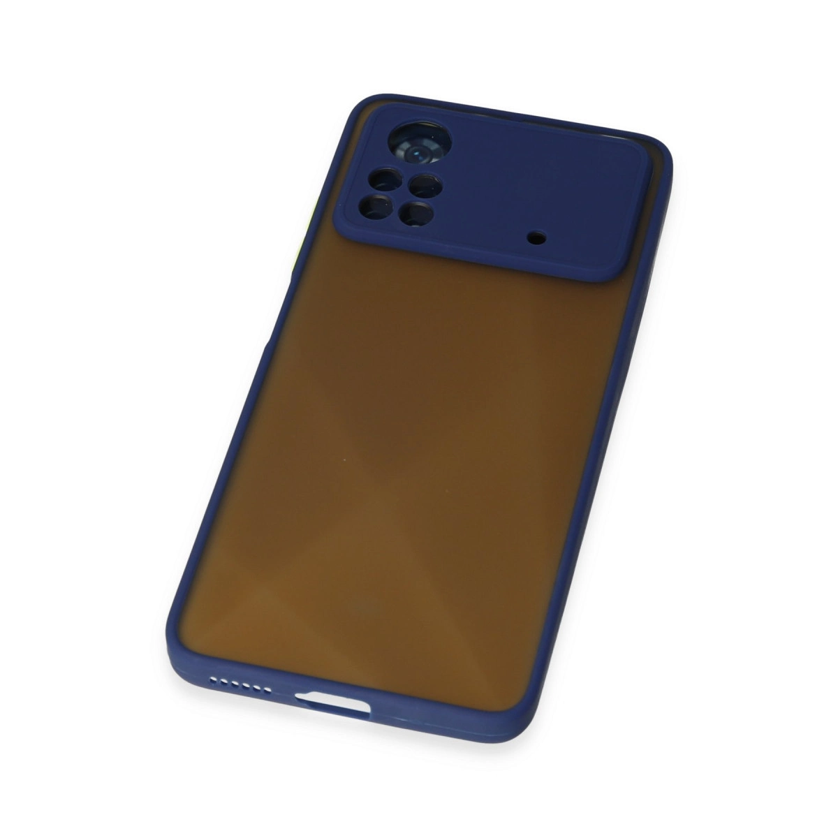 Beyaz arka plan üzerinde mavi kamera çerçevesi ve lensleri olan kahverengi telefon kılıfı.