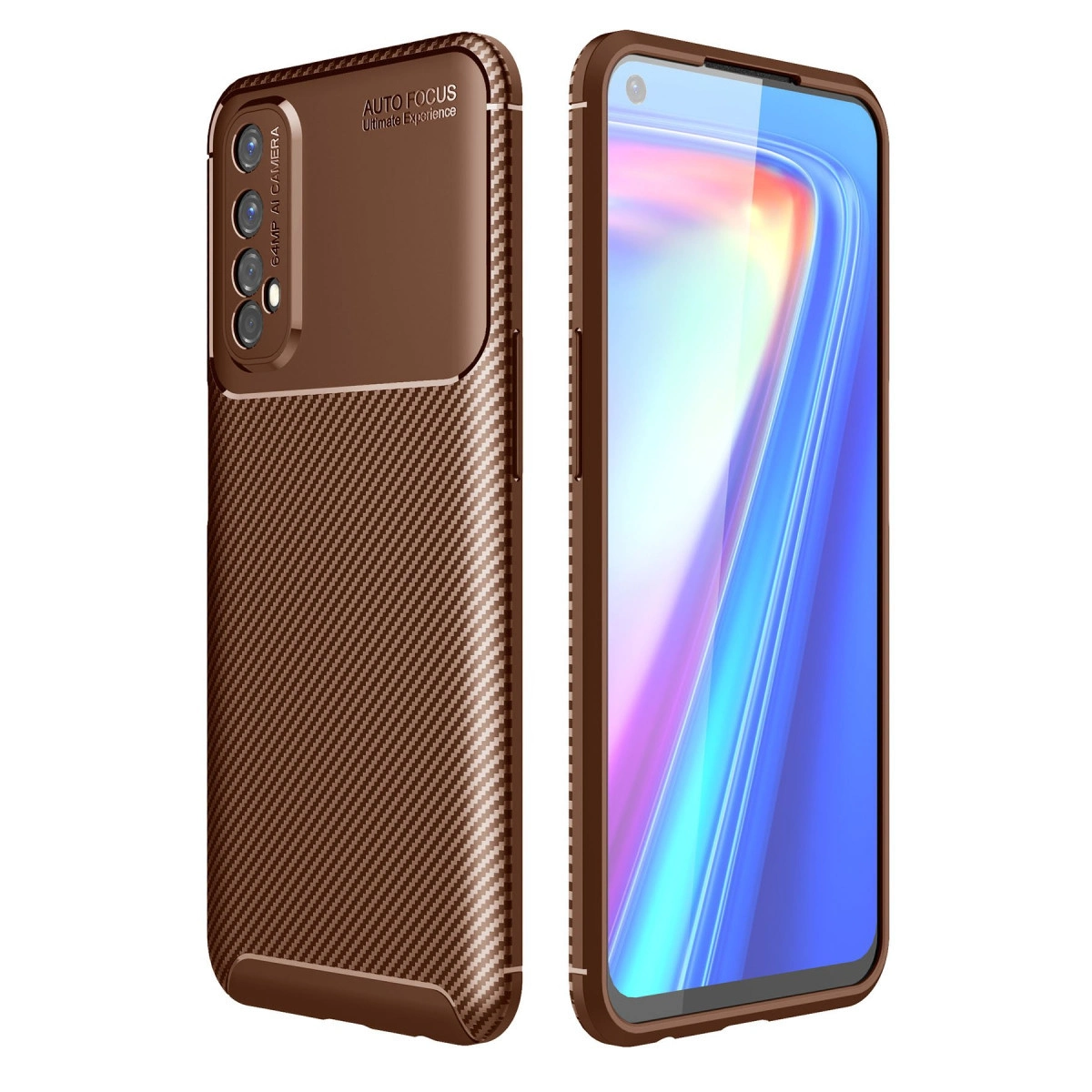 NEWFACE Realme 7 Uyumlu Auto Focus Karbon Kapak Telefon Kılıfı Kahverengi