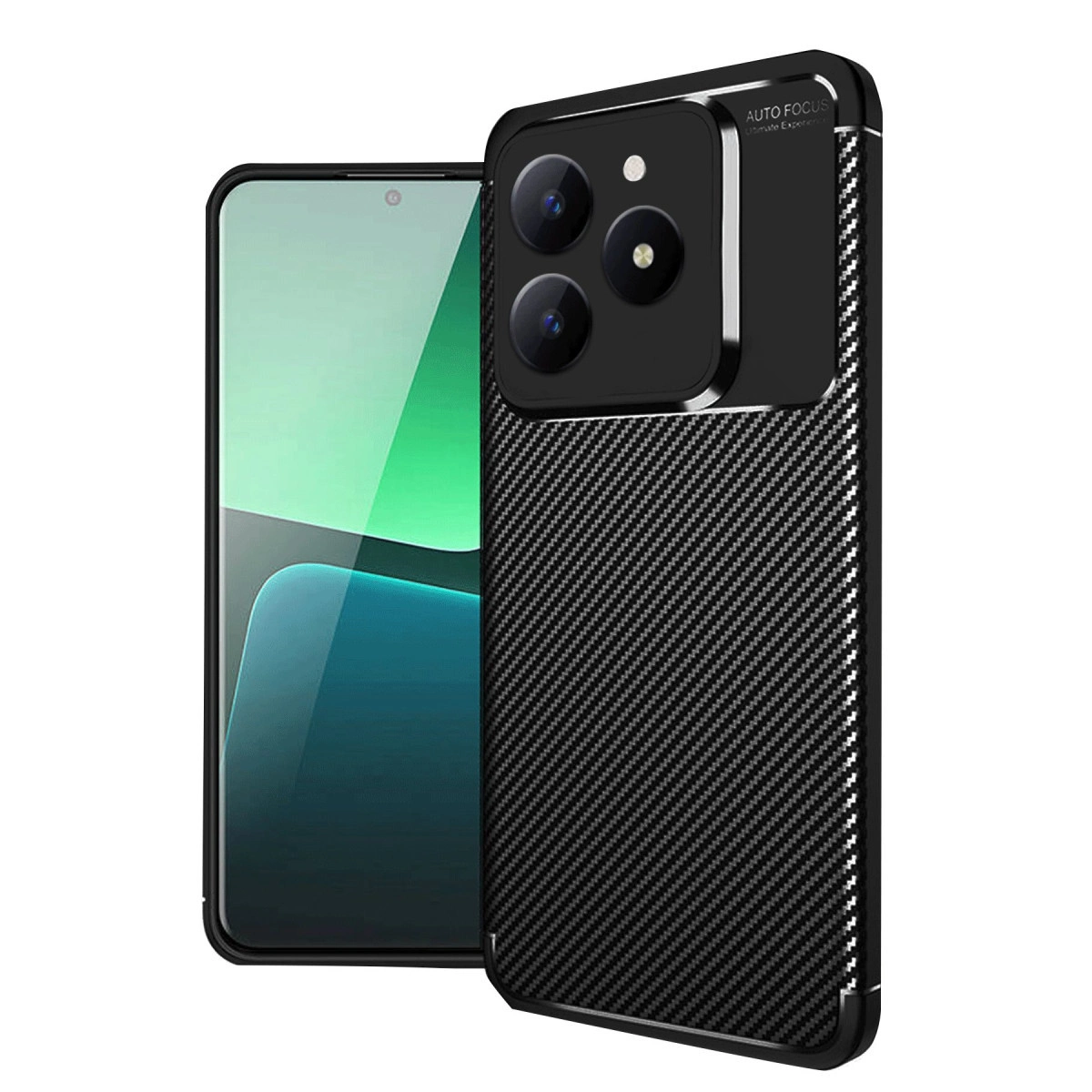 Karbon desenli kılıflı siyah telefon ve üçlü arka kamera.