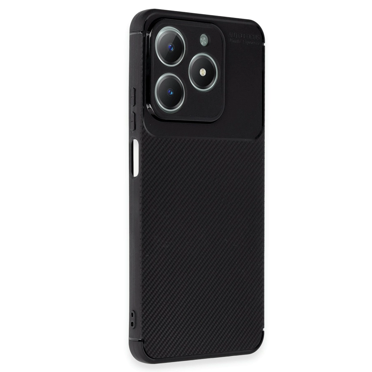 Karbon fiber desenli ve lens dizilimli siyah telefon kılıfı.