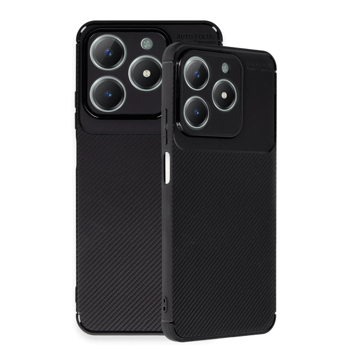 Karbon fiber dokulu, kamera kesimli iki siyah telefon kılıfı.