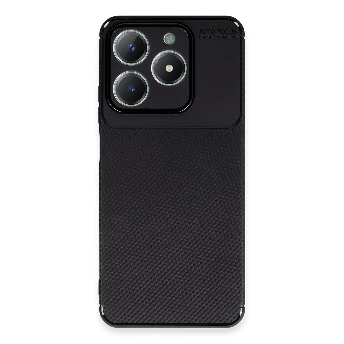 Karbon fiber dokulu siyah telefon kılıfı ve üçlü kamera modülü.