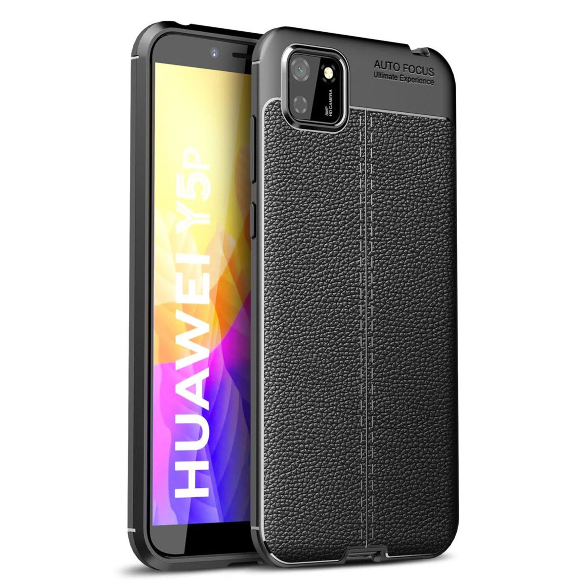 Deri dokulu arkası ve kamerası olan siyah telefon. Huawei Y5P.