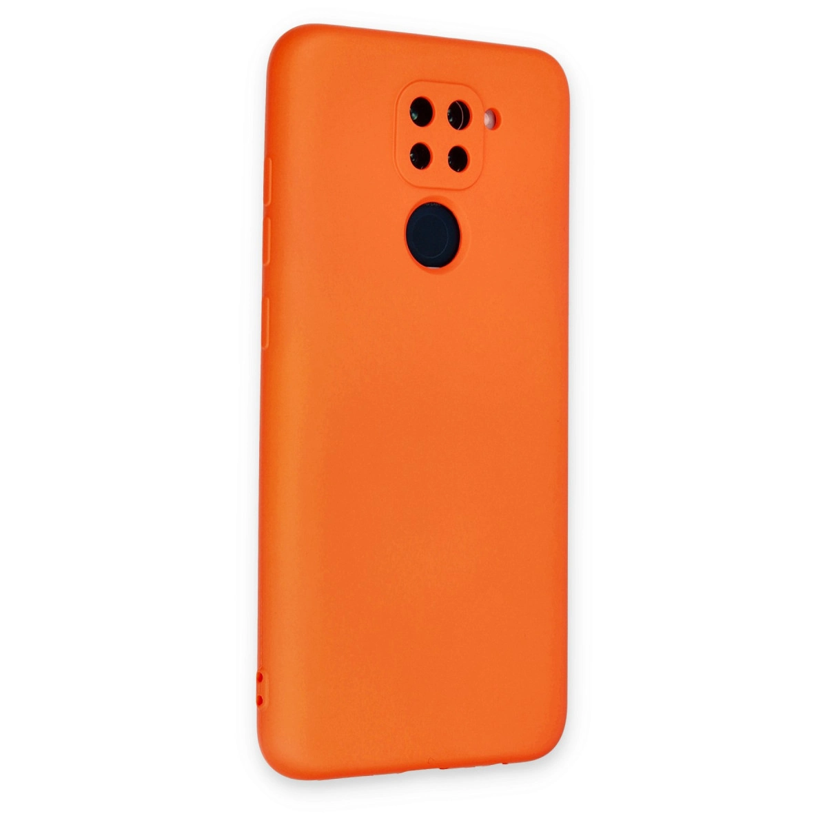 Kare kamera çıkıntılı ve yuvarlak parmak izi sensörlü turuncu telefon kılıfı.