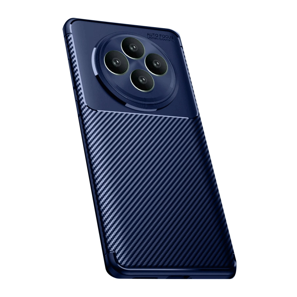 Karbon desenli, dört kameralı koyu mavi telefon kılıfı.