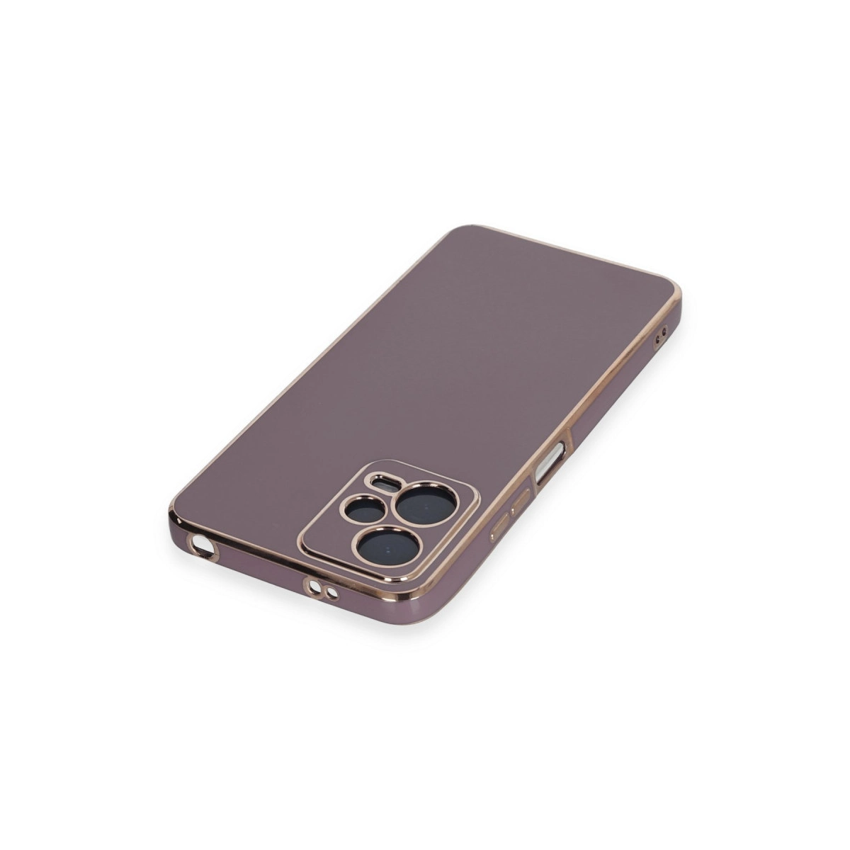 Altın kenarlı ve kamera lens detaylı mor telefon kılıfı.