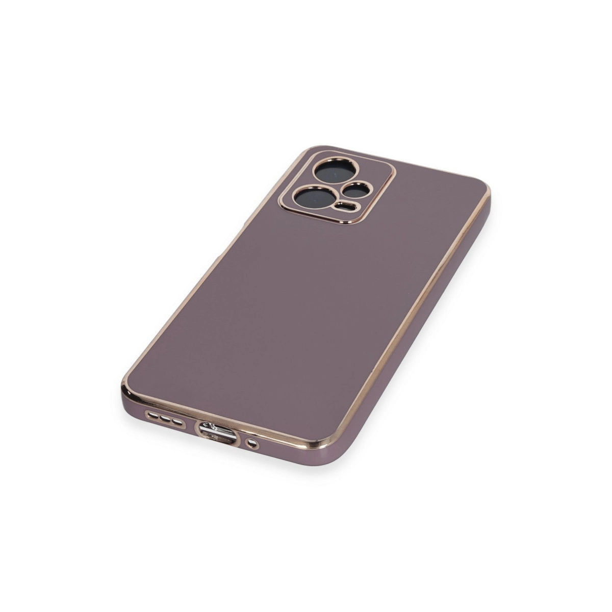 Altın kenarlı ve kamera modüllü gri telefon kılıfı beyaz zeminde.