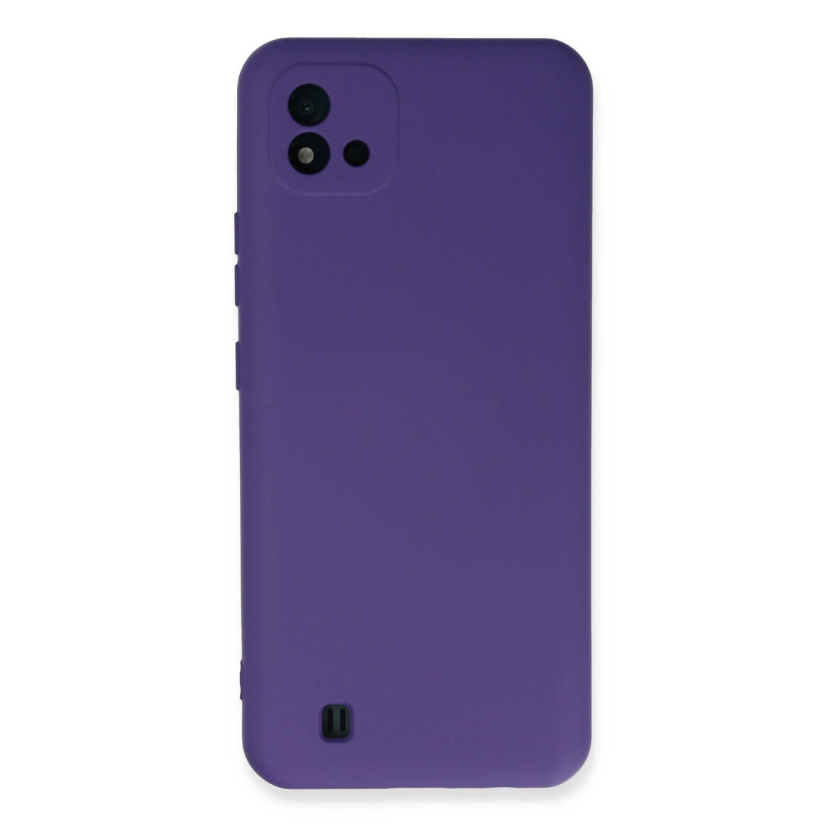 Kamera kesimli ve şarj bağlantı noktalı mor telefon kılıfı.