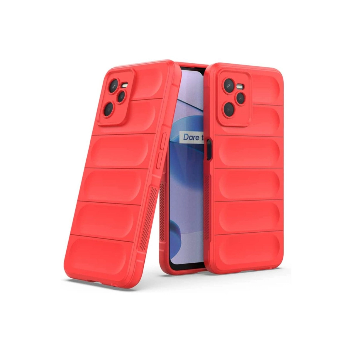 Kanallı dokuya ve kamera çıkıntısına sahip iki kırmızı telefon kılıfı, biri telefonda.