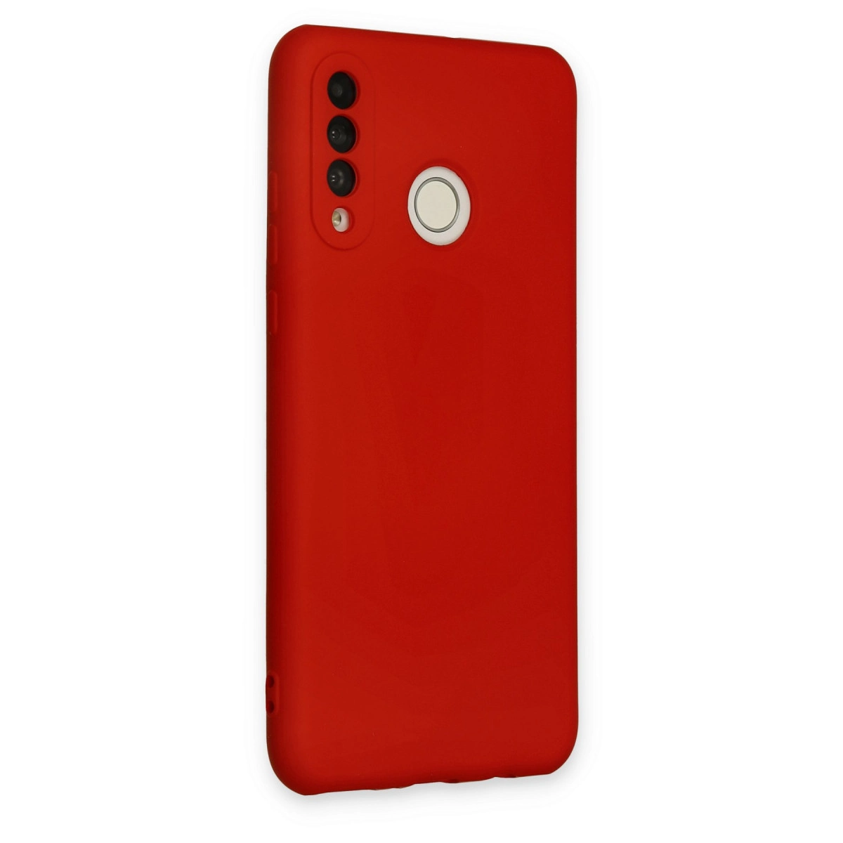 Üç kamera lensli ve parmak izi sensörlü kırmızı telefon kılıfı.