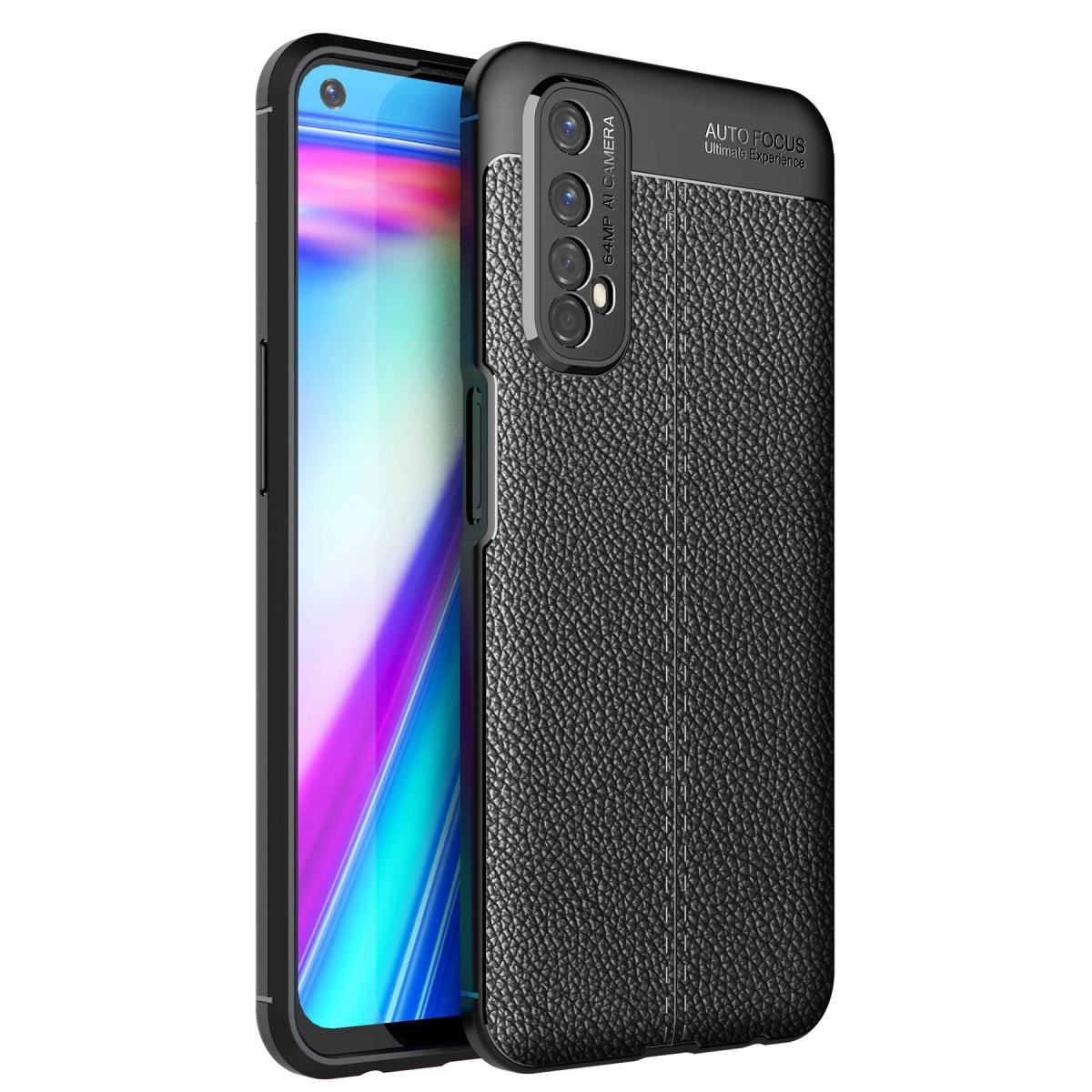 Deri dokulu siyah telefon kılıfı ve kamera modülü. Yakın çekim.