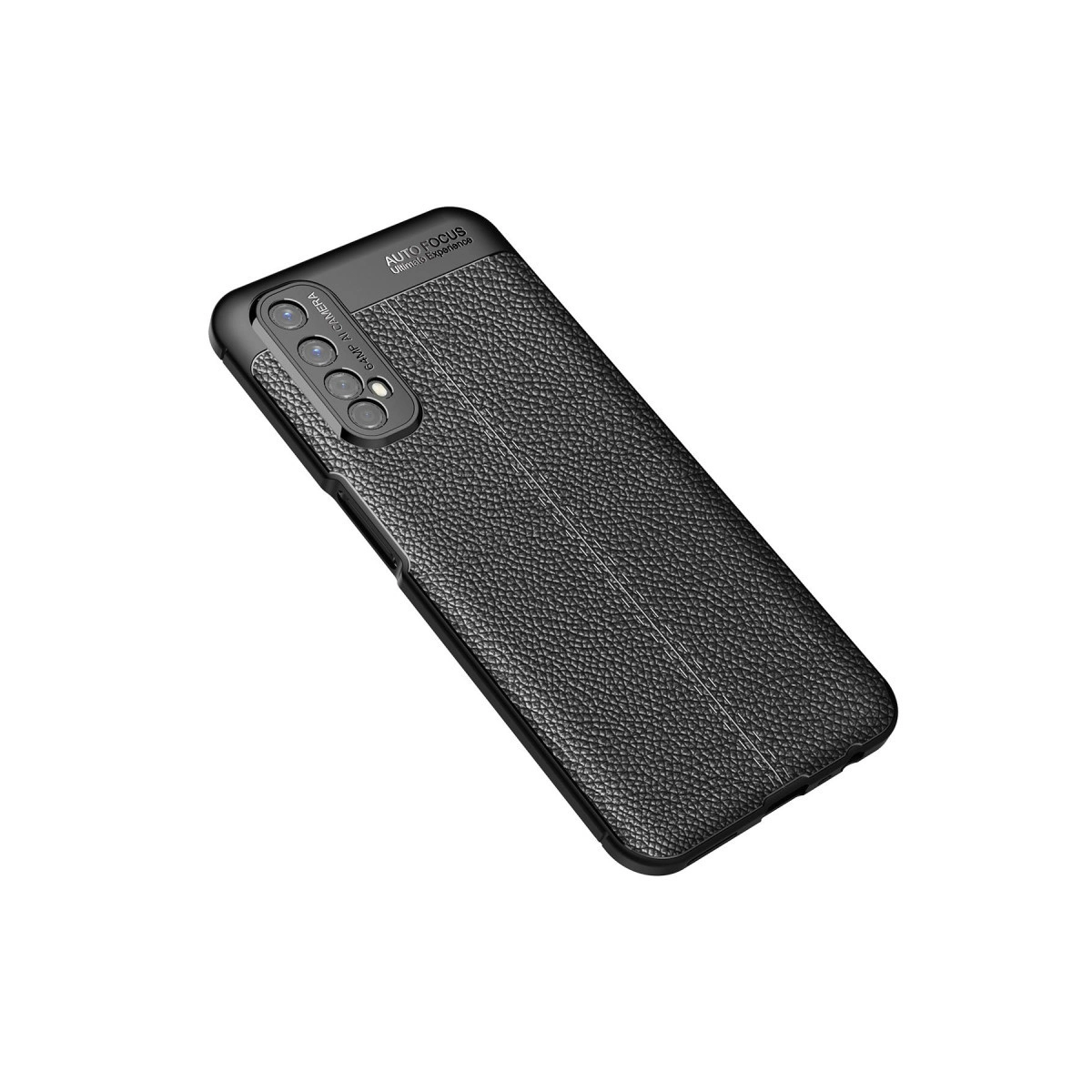 Deri dokulu siyah telefon kılıfı ve kamera lensleri.