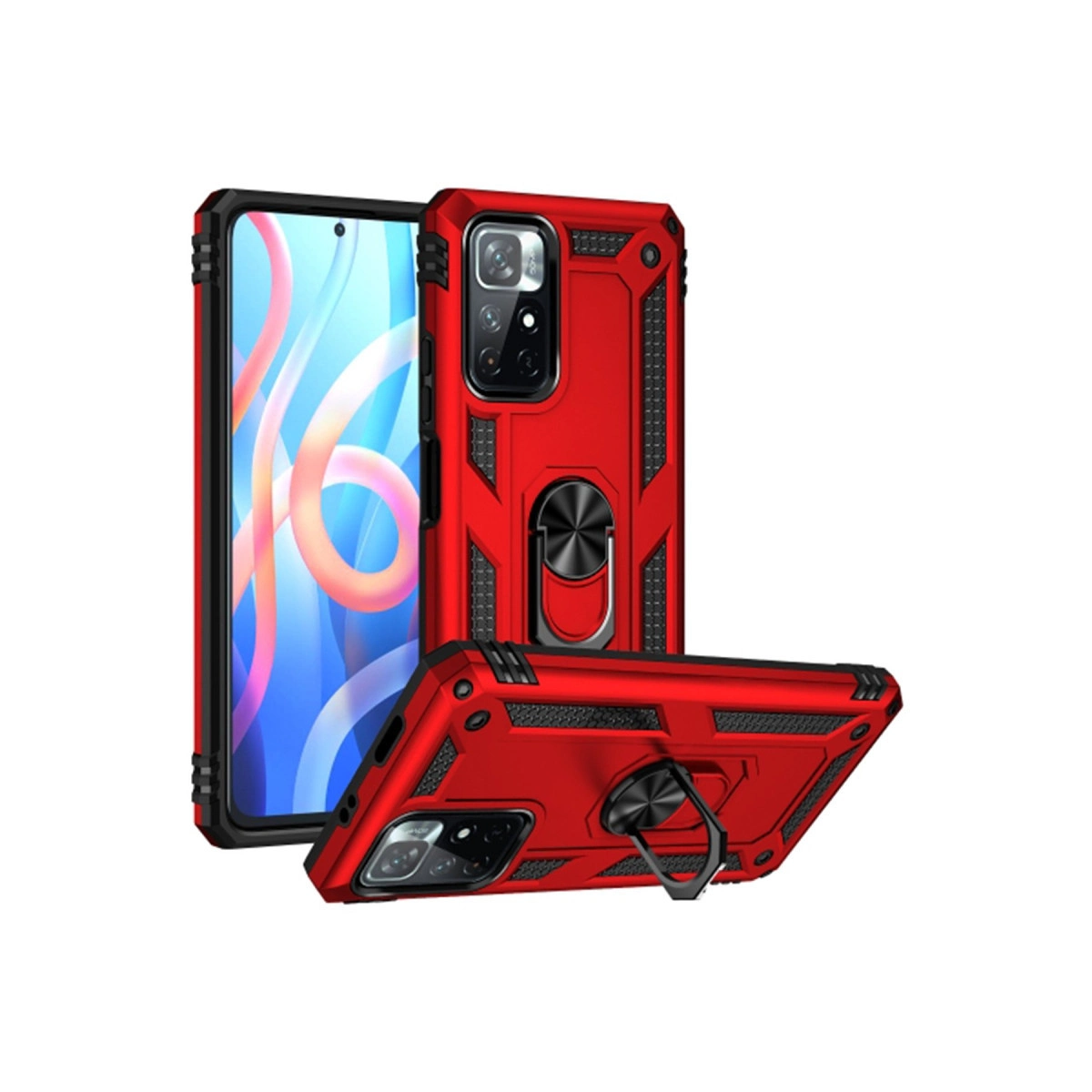 Halka tutuculu ve güçlendirilmiş köşeli kırmızı telefon kılıfı, beyaz arka plan.