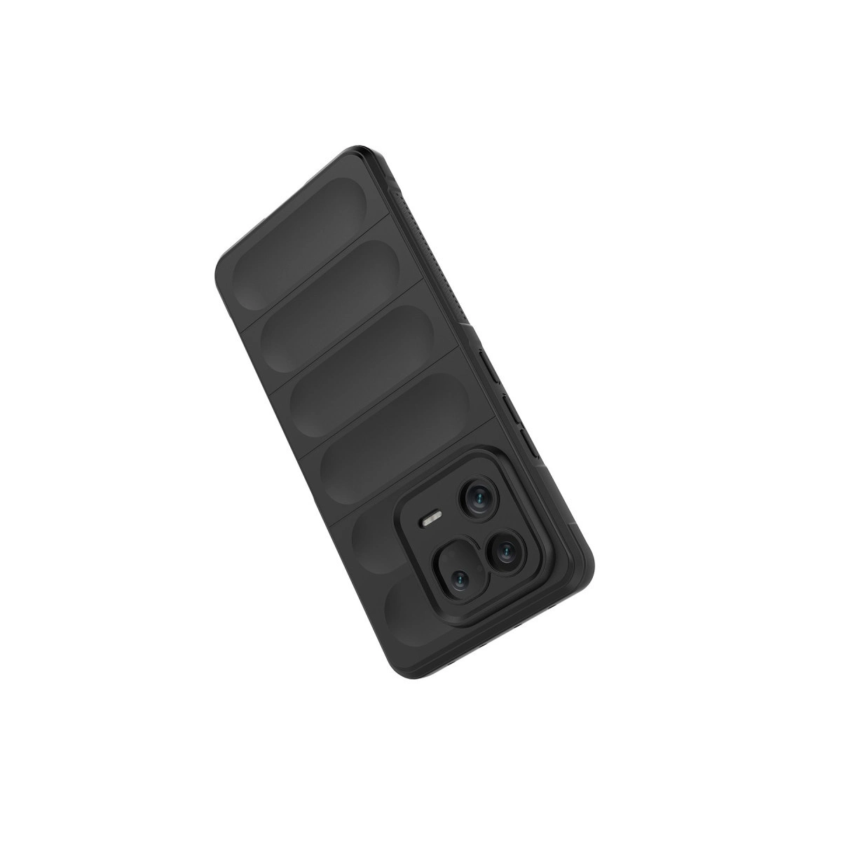 Kanallı deseni ve üç kamera lensi olan siyah telefon kılıfı.