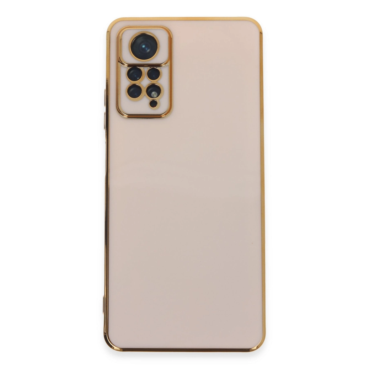 Altın çerçeveli ve kamera modüllü açık pembe telefon kılıfı.