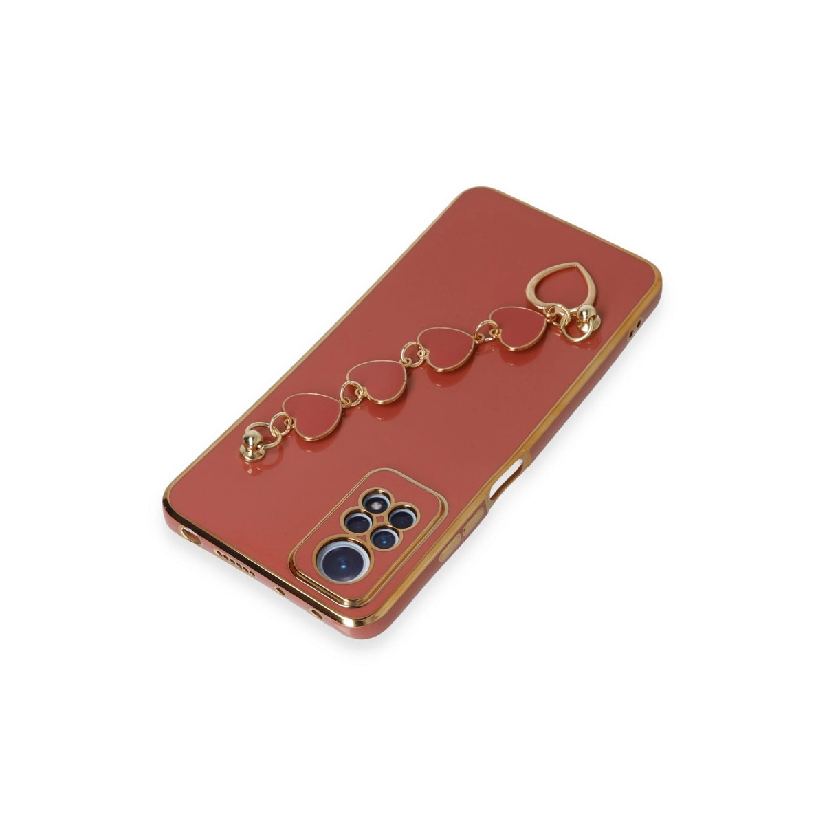 Altın kalp zincir takı detaylı, pembe renkli telefon kılıfı.