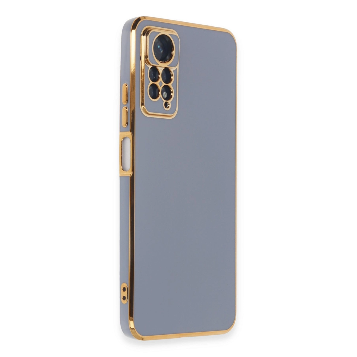 Altın kenarlı ve kamera kesimli gri telefon kılıfı.