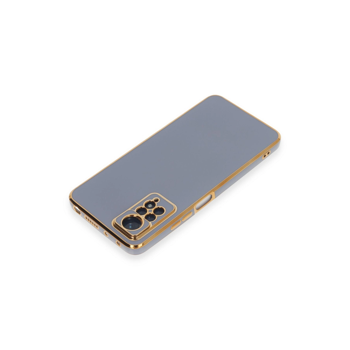 Altın kenarlı ve kamera kesimli gri telefon kılıfı beyaz arka planda.