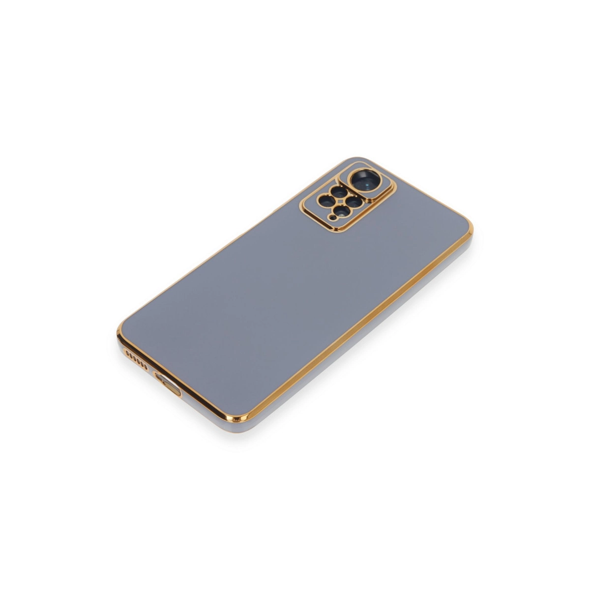 Altın çerçeveli ve kamera modüllü gri telefon kılıfı.