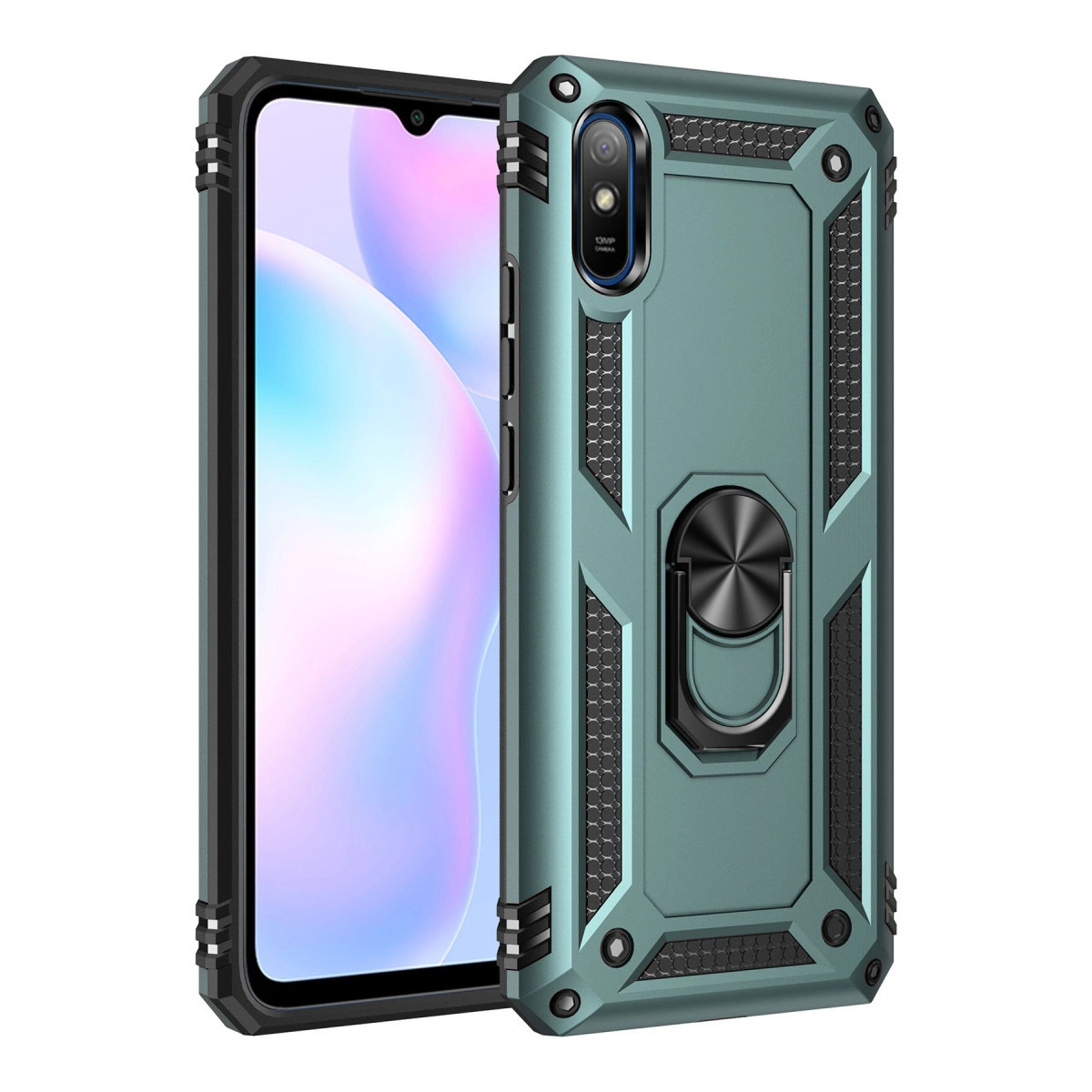 Halka tutuculu ve kamera kesimli turkuaz rengi telefon kılıfı.