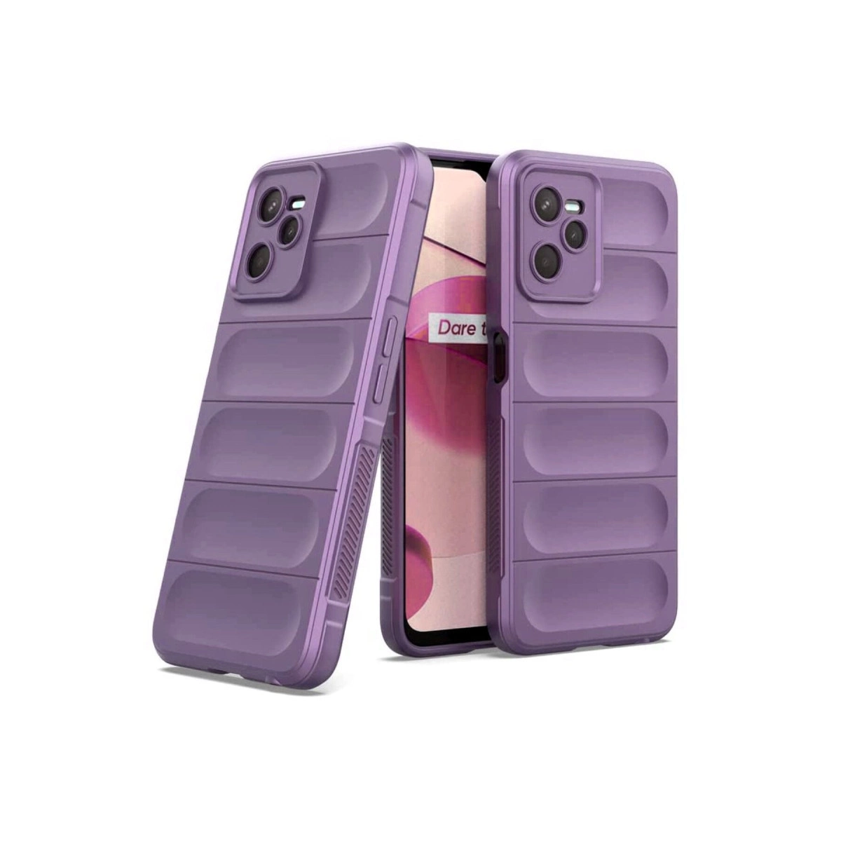 Yatay çıkıntılı iki mor telefon kılıfı, biri telefon ekranında.