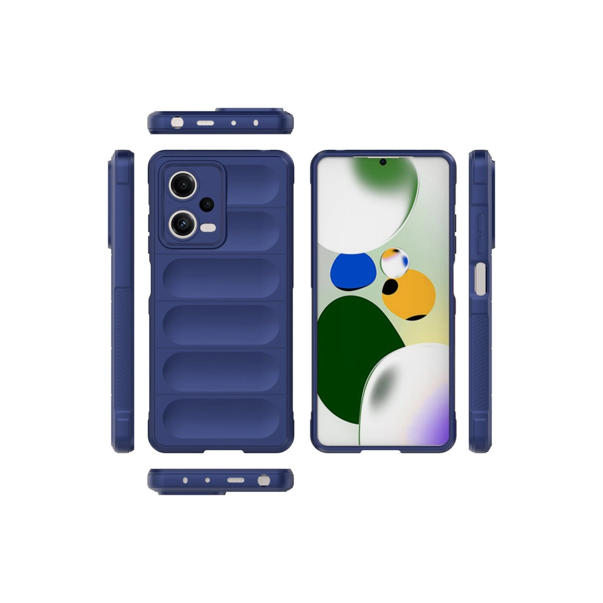 Yatay oluklu ve kamera kesimli mavi telefon kılıfı.