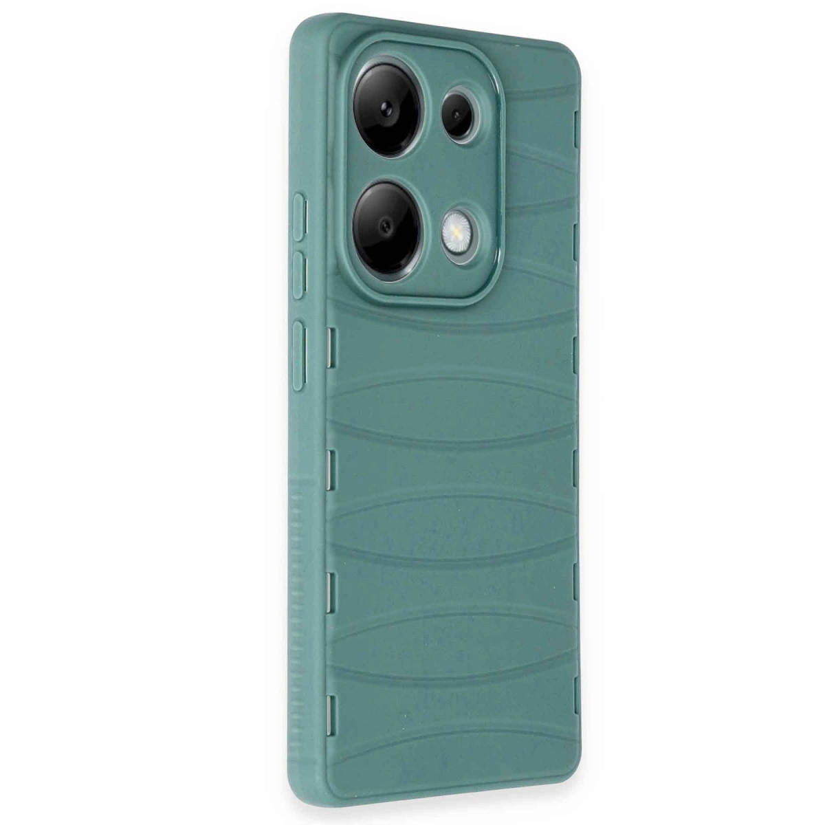 Dalgalı desenli ve kamera modüllü yeşil telefon kılıfı.
