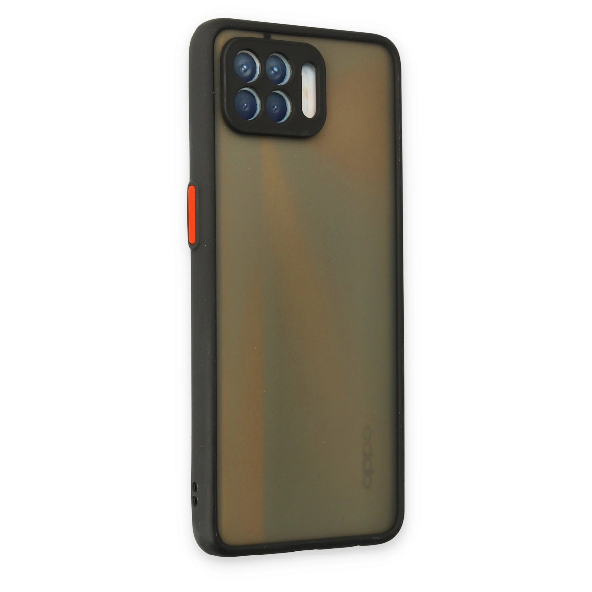 Dört kamera lensli ve kırmızı düğmeli siyah telefon kılıfı.