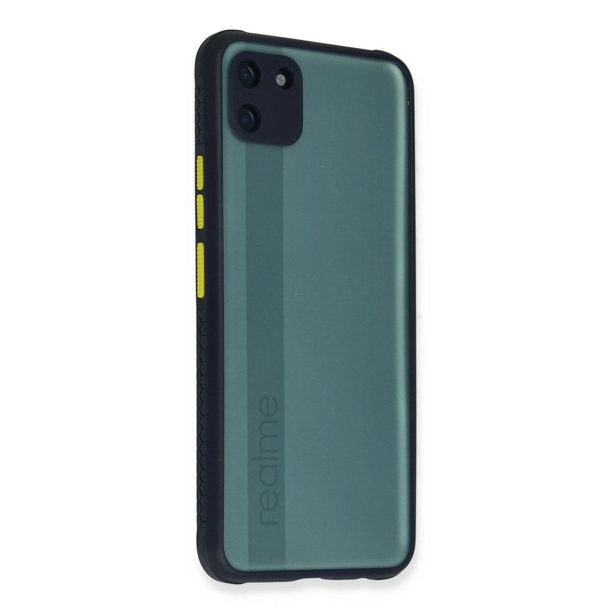 Kameralı ve sarı düğmeli koyu yeşil telefon kılıfı.