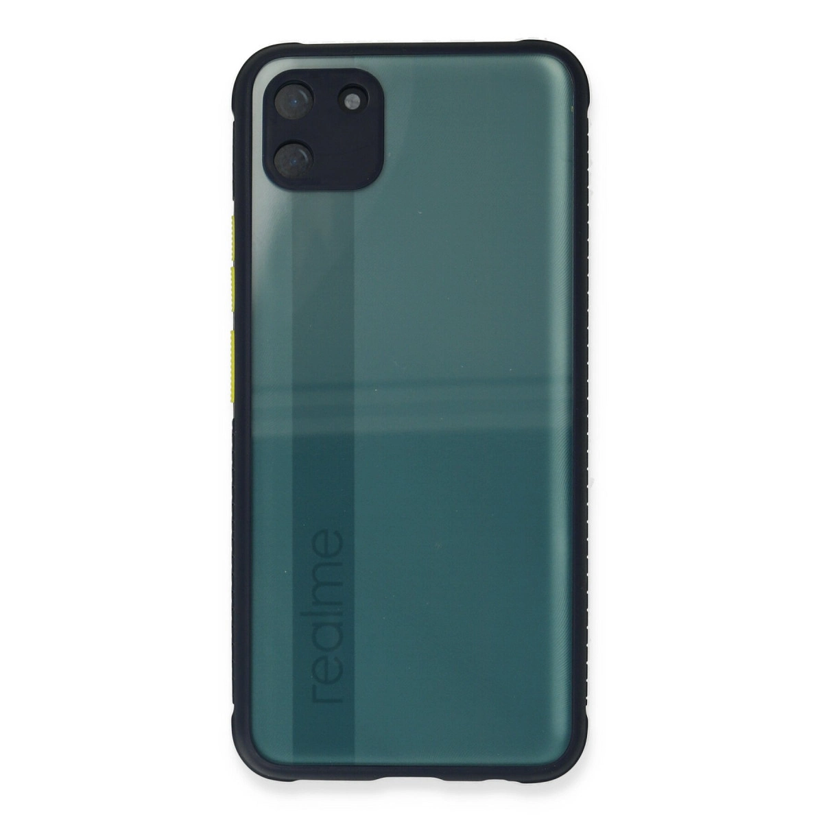 İki kameralı ve Realme logolu koyu yeşil telefon kılıfı.