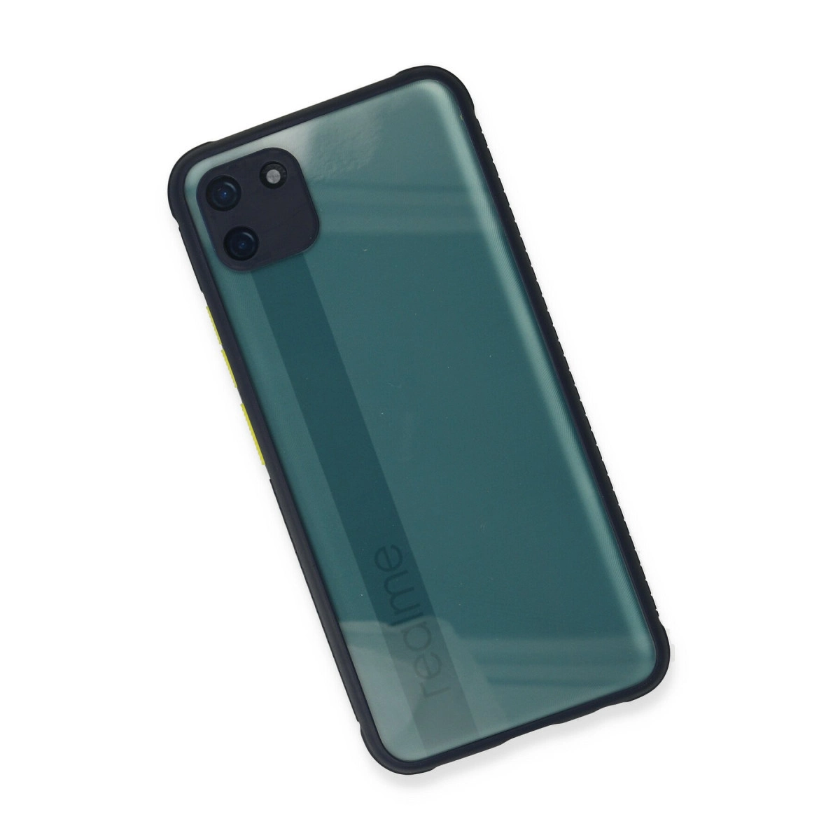Siyah çerçeveli, Realme logolu koyu yeşil bir telefon.