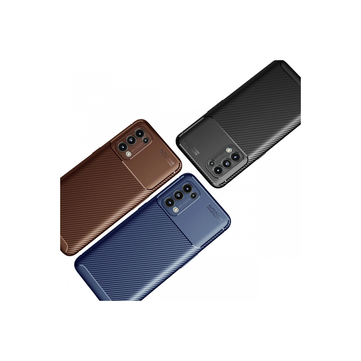 Karbon fiber dokulu kahverengi, mavi ve siyah üç telefon kılıfı.