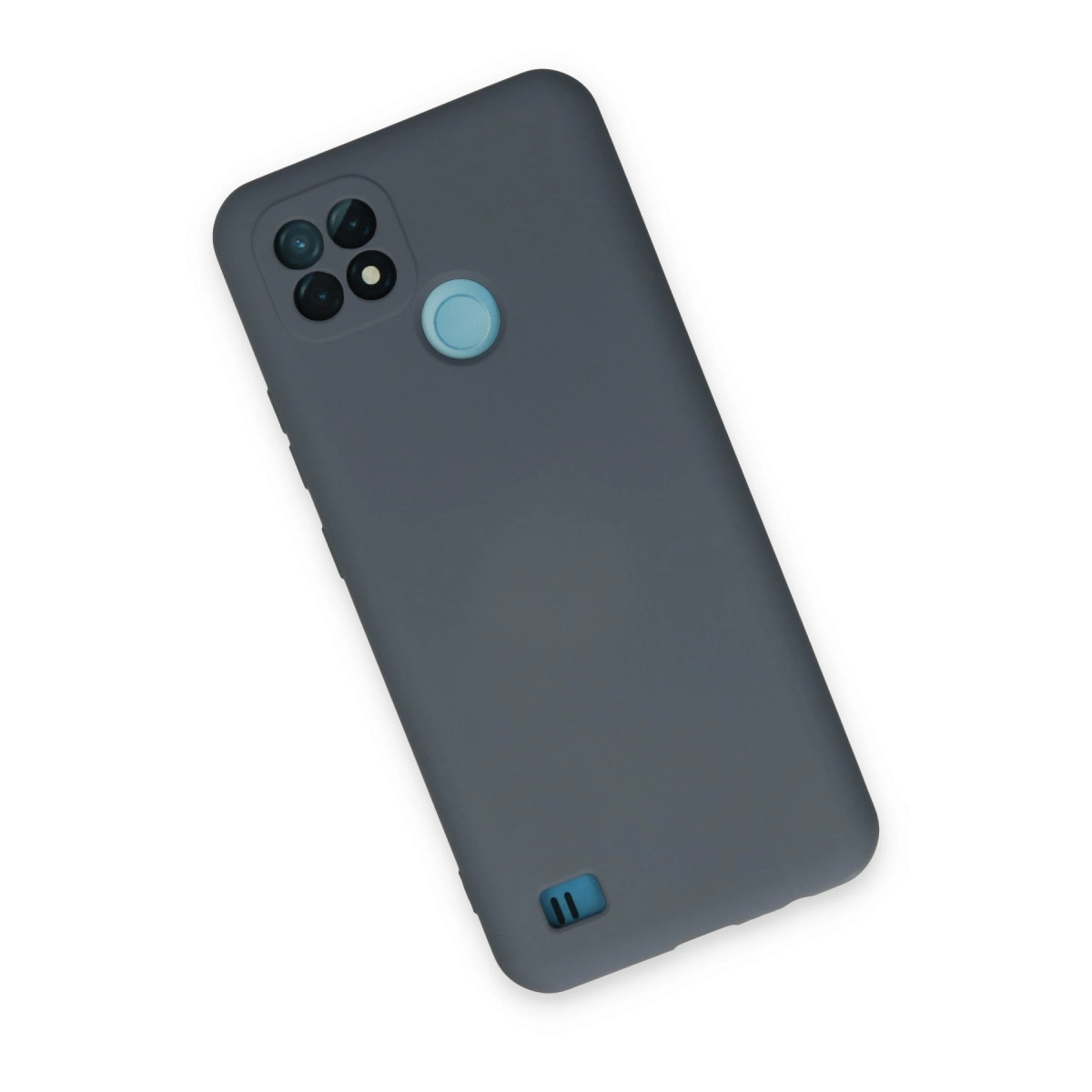Kare kamera yuvası ve mavi parmak izi sensörlü koyu gri telefon kılıfı.