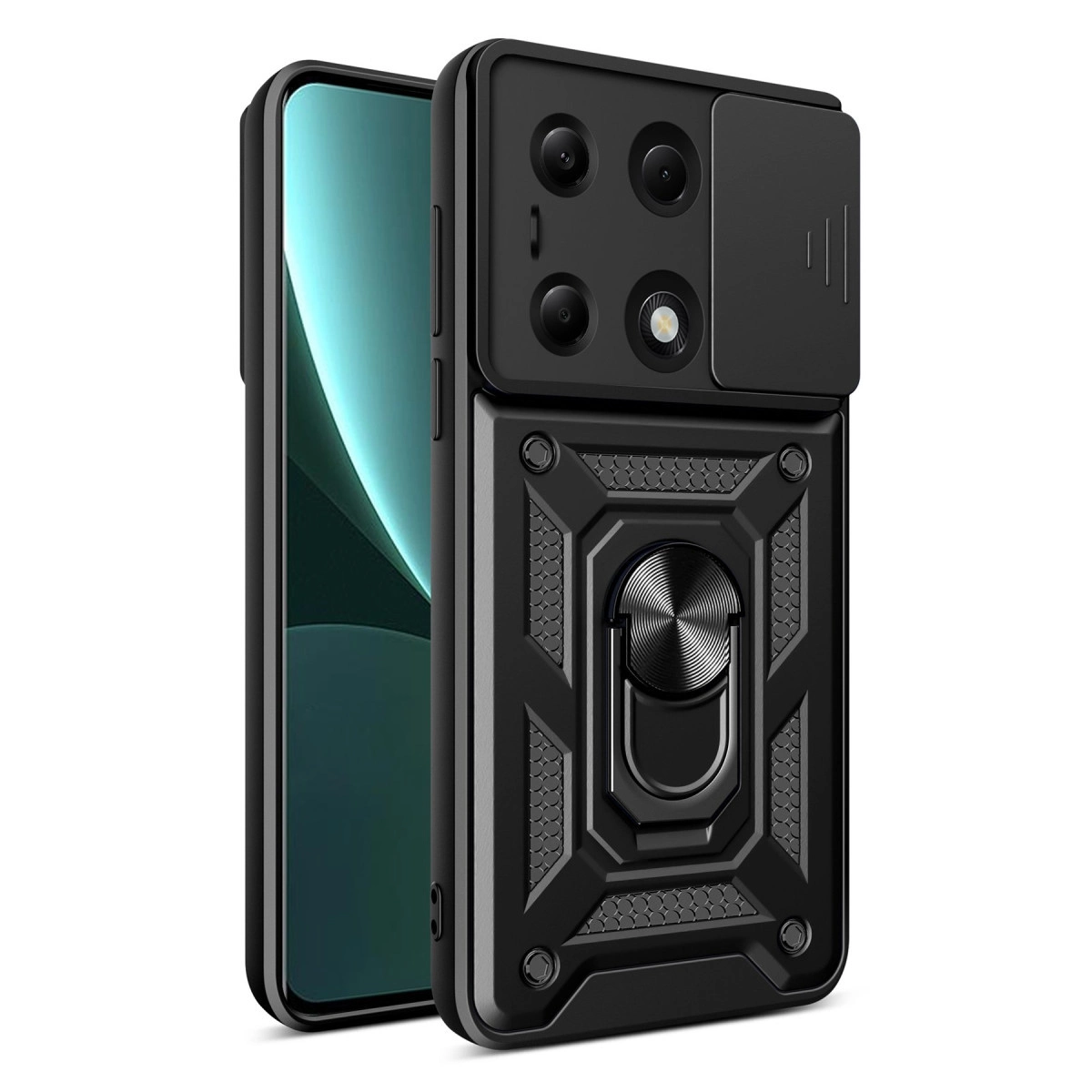 Beyaz arka plan üzerinde kamera kapaklı ve halka tutuculu siyah telefon.