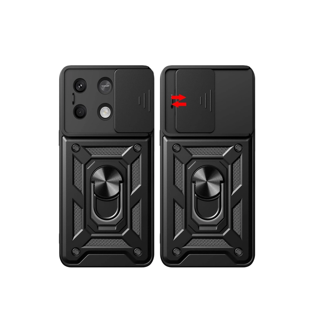 Kamera kapağı ve halka tutuculu iki siyah telefon kılıfı.