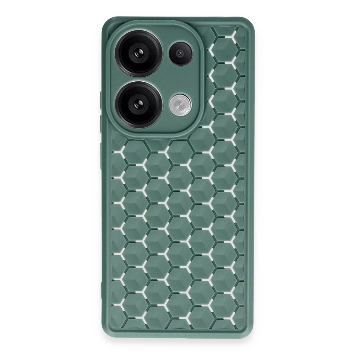 Altıgen desenli, üç kameralı yeşil telefon kılıfı.
