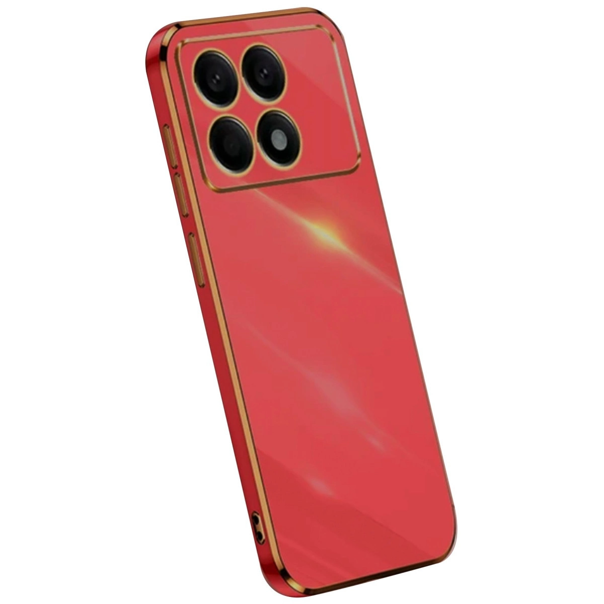 Altın çerçeveli kırmızı telefon kılıfı, arkada dört kamera lensi.