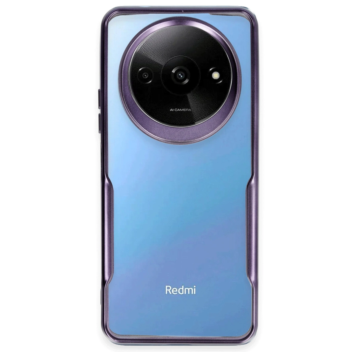 Büyük yuvarlak kamera modülü ve Redmi logosuna sahip mavi akıllı telefon.