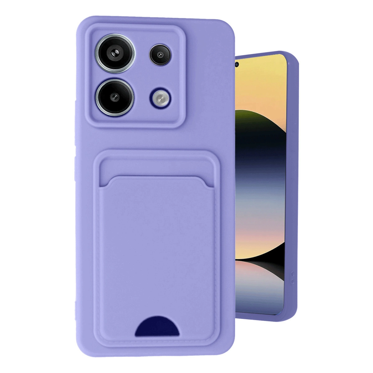 Kart yuvalı ve üç arka kameralı mor telefon kılıfı gösterilmektedir.