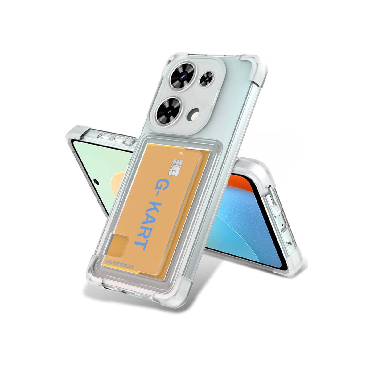 Kart tutuculu şeffaf telefon kılıfı, kredi kartlı bir telefon gösteriyor.