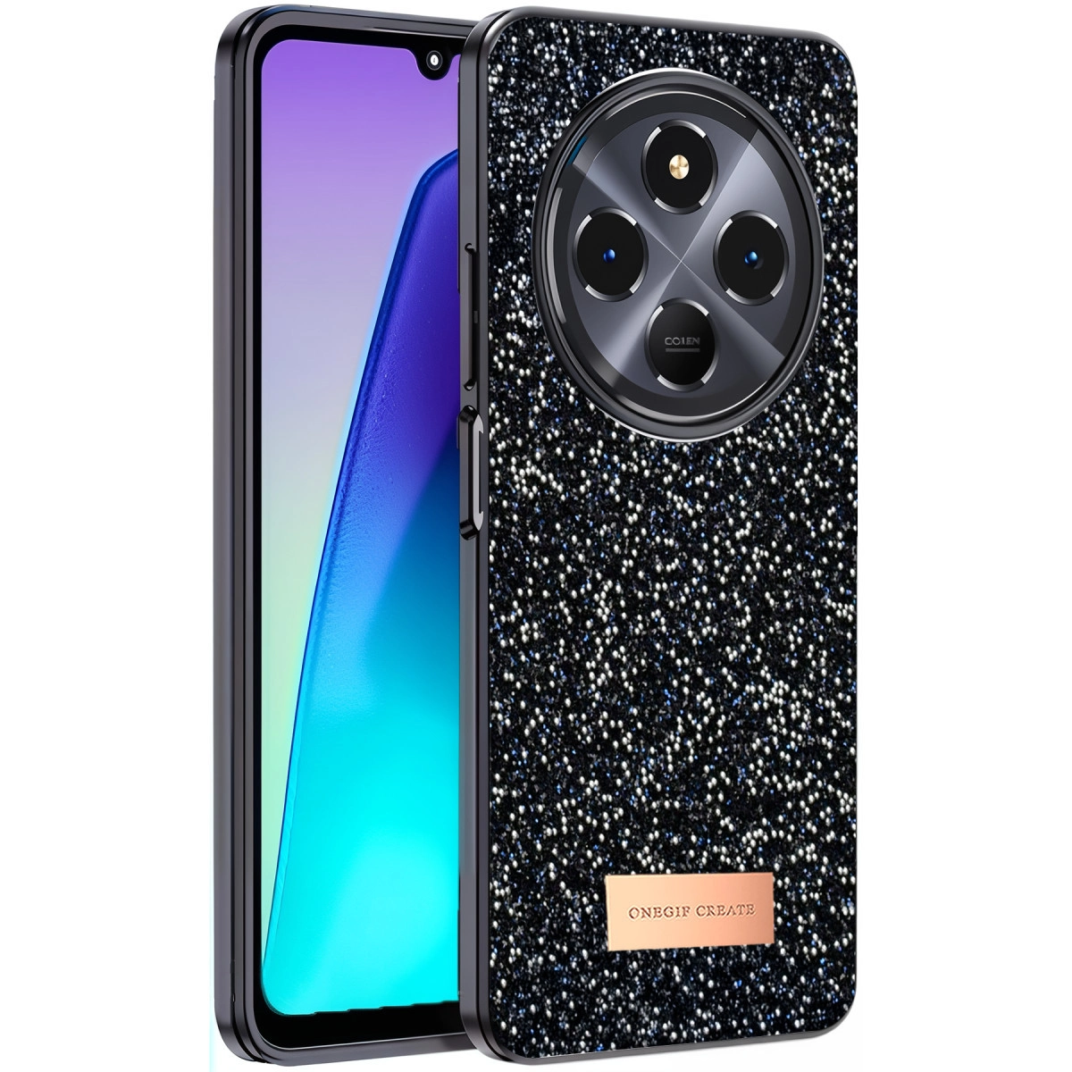 Simli siyah telefon kılıfı ve yuvarlak kamera ünitesi.