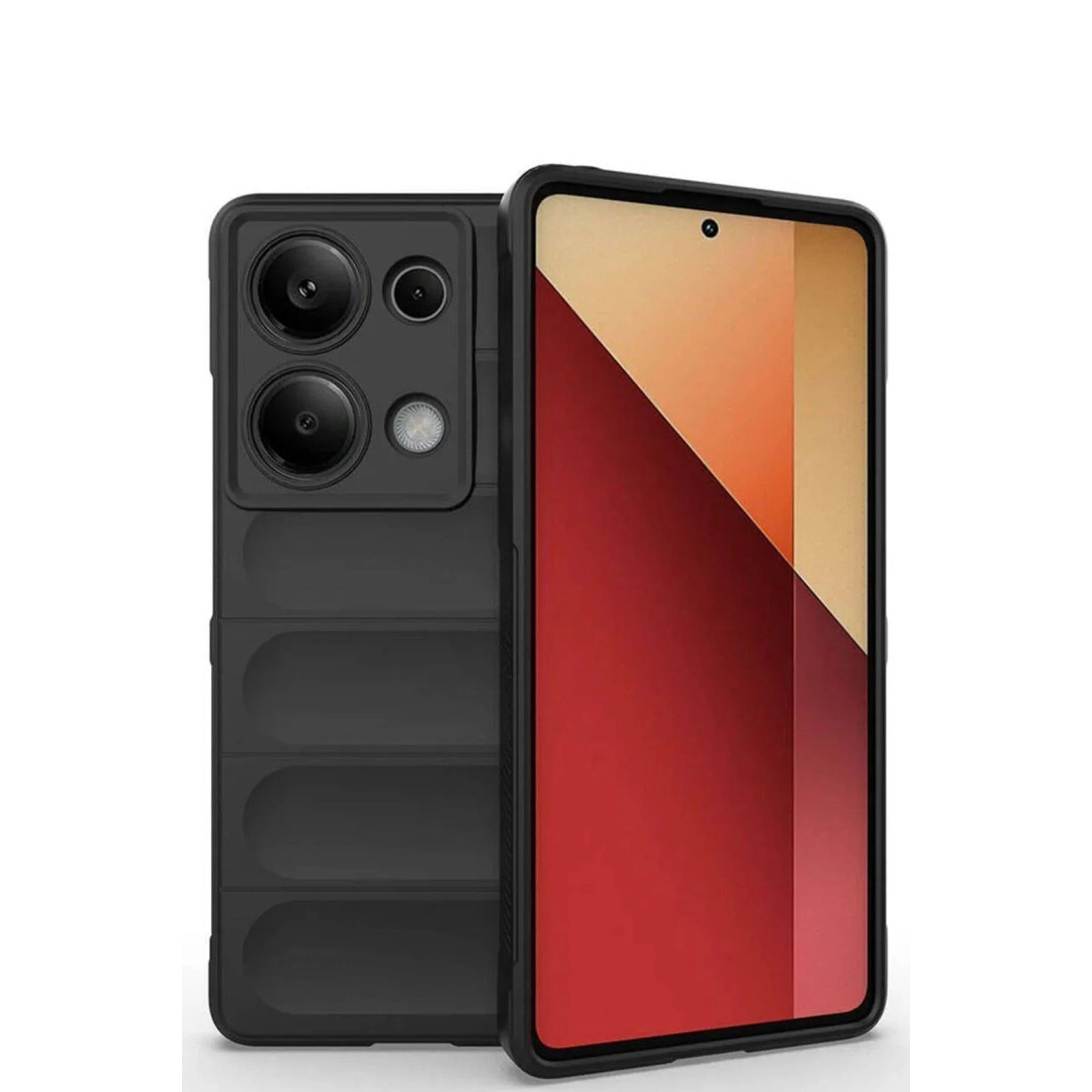 Kamera modüllü ve gösterilen ekranlı siyah telefon kılıfı.