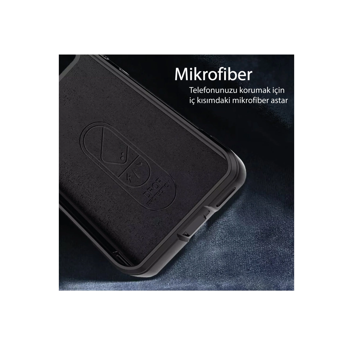 Mikrofiber astarlı, "Drop Protection" logolu siyah telefon kılıfı.