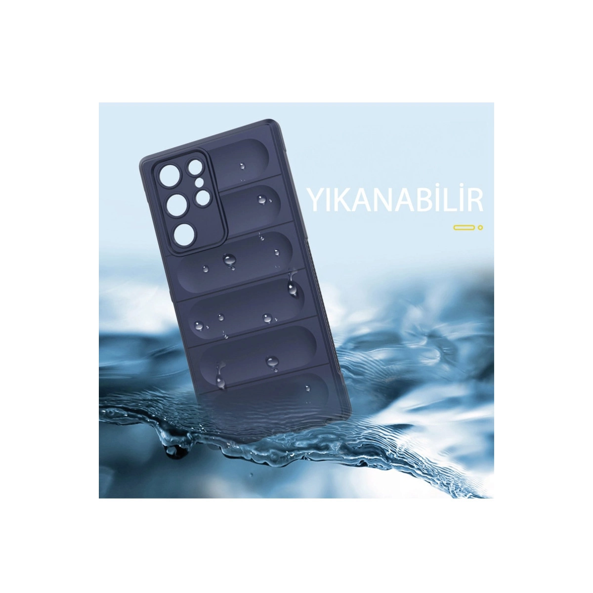 Mavi arka plan üzerinde su damlaları olan koyu gri telefon kılıfı.