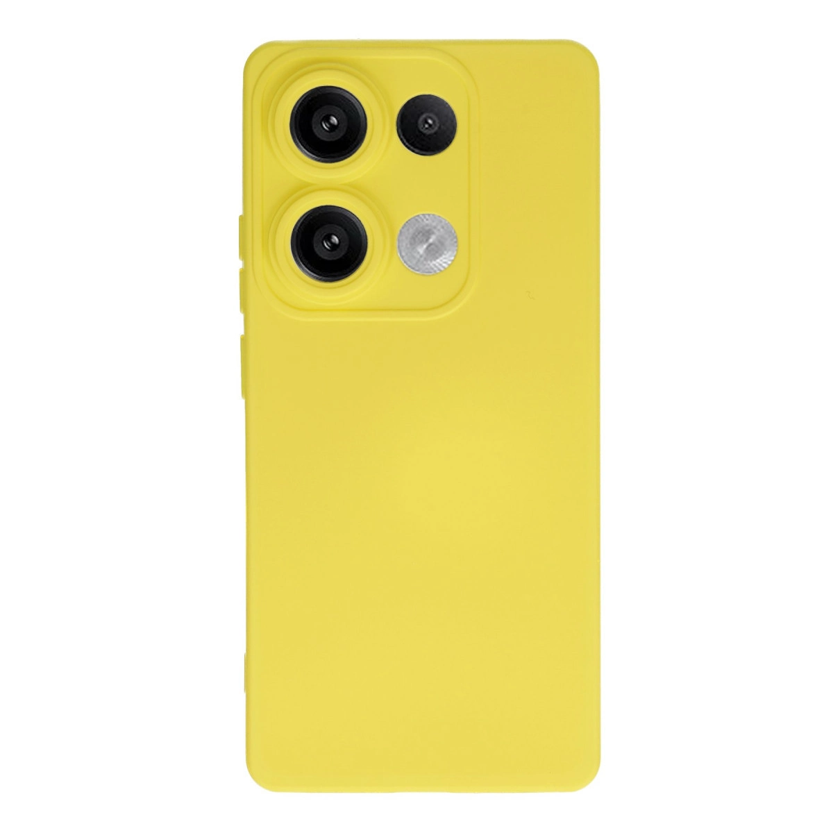 Arkada üç kamera lensi ve flaşlı sarı telefon kılıfı.