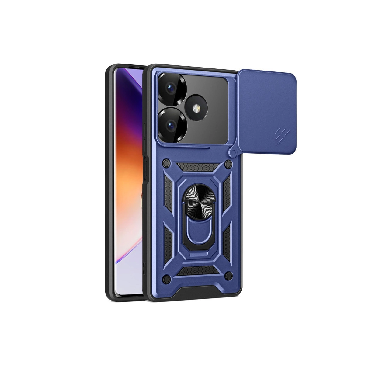 Kamera kapaklı ve halka tutuculu mavi telefon kılıfı. Bir akıllı telefon gösterir.
